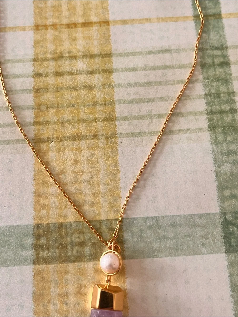 J Crew Raw Amethyst and Pearl Pendant Gold Tone Necklace